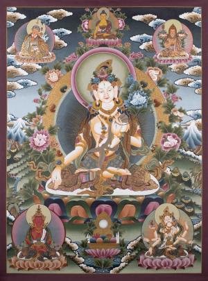 Big White Tara Thangka | Surrounded by Amitayus, Tsongkhapa, Shakyamuni, Guru Rinpoche